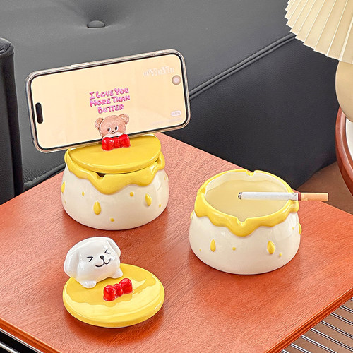 奶油线条狗陶瓷烟灰缸带盖防飞灰客厅家用创意摆件茶几高颜值烟缸