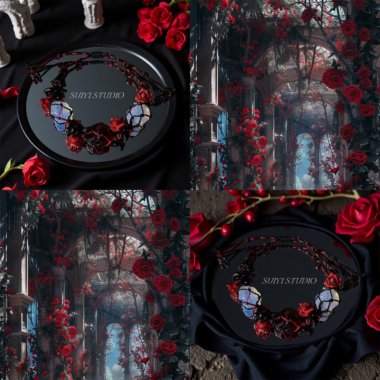 SUIYI 永夜玫瑰 哥特风玫瑰编织手链男女款 暗黑系红琉璃原石编绳