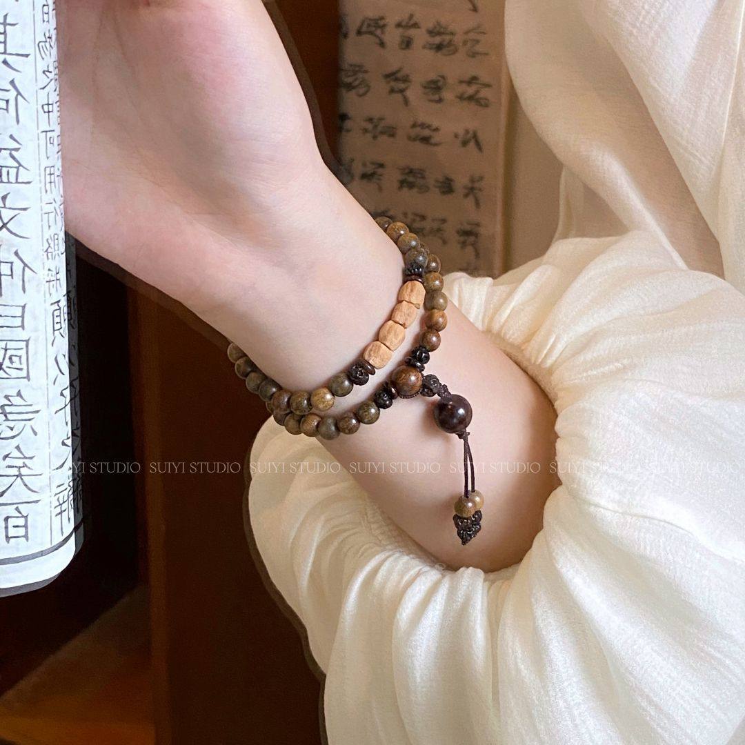 SUIYI 新中式绿檀木佛珠手串复古檀香木文玩手链情侣款手持长念珠