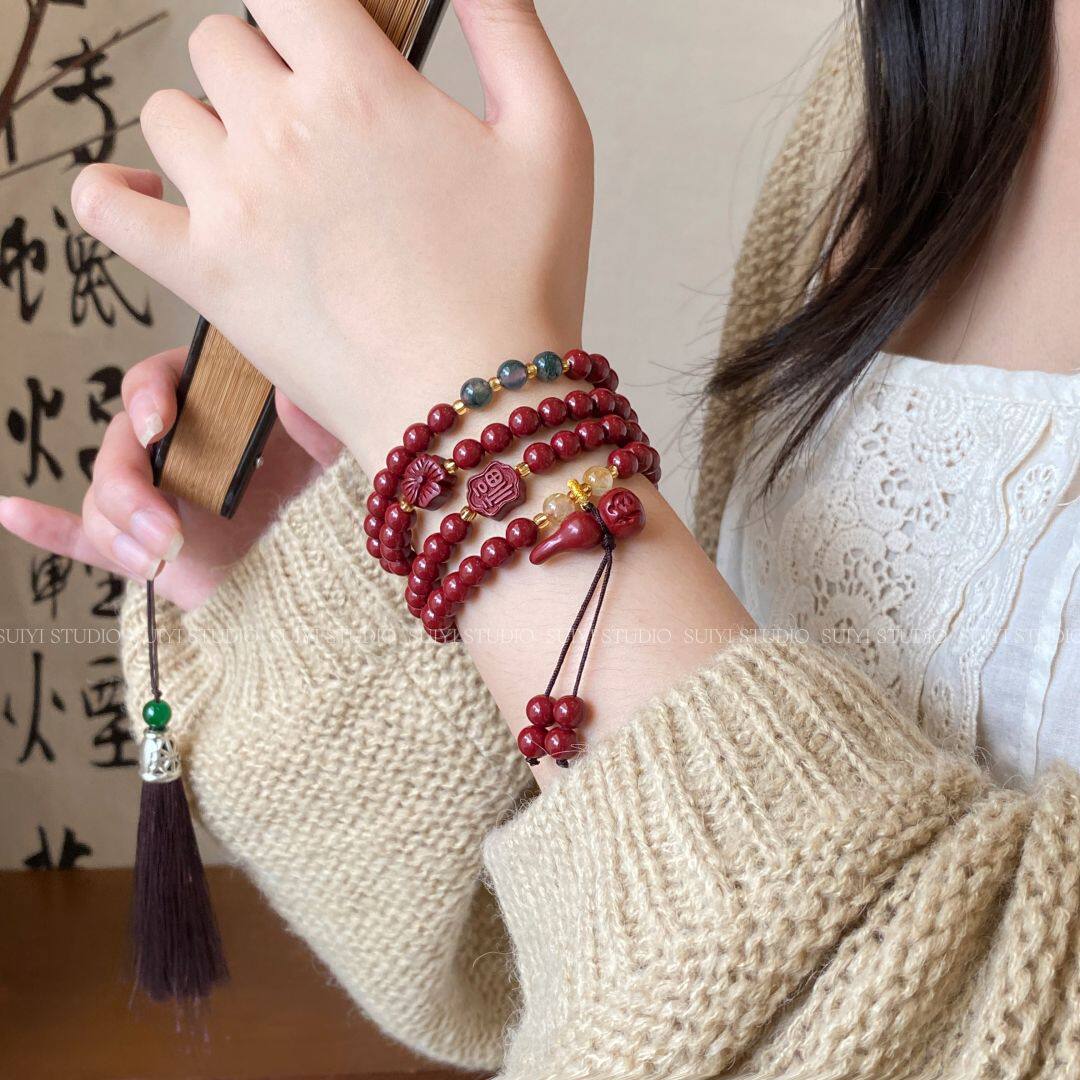 SUIYI 新中式福字葫芦朱砂手串女国风长款流苏颈饰本命年多圈手链