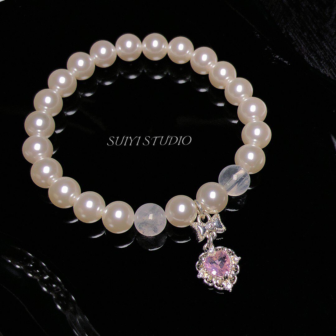 SUIYI 粉樱絮语 原创设计施家珍珠手链女 温柔白幽灵水晶爱心配饰