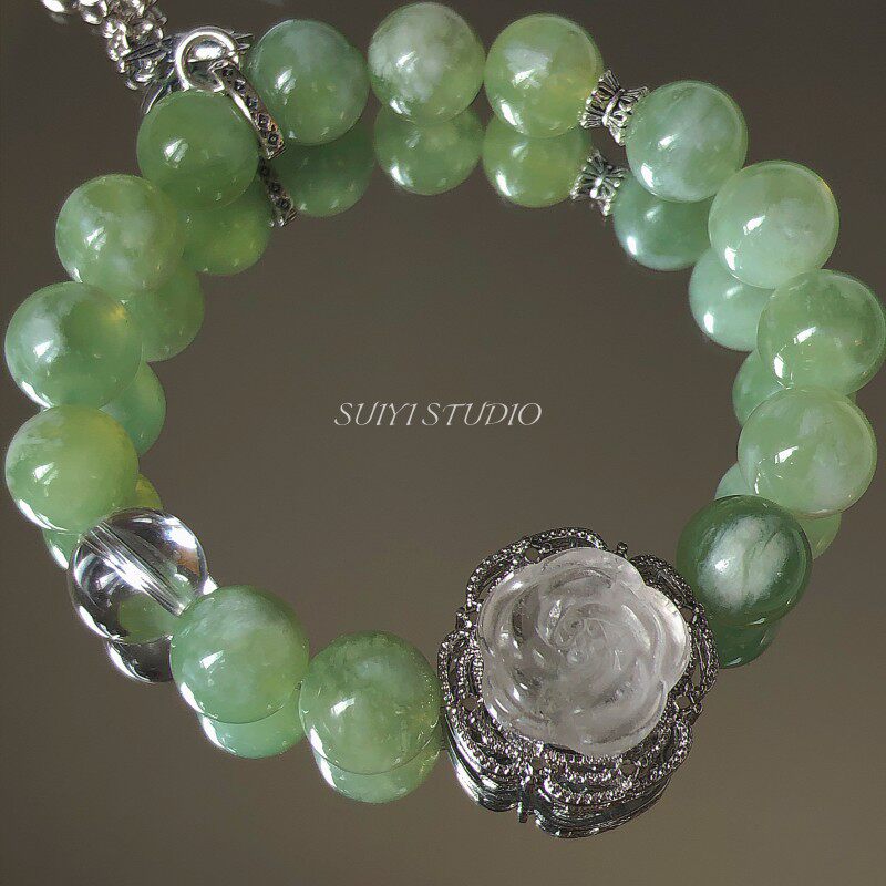 SUIYI 青提之恋 原创设计青提奶盖岫玉手串女 天然白水晶蝴蝶串珠