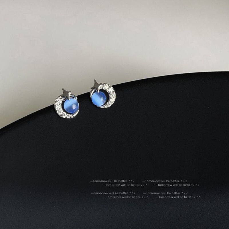 SUIYI 星球月亮猫眼石耳钉女小众设计甜美配饰 925银针养耳洞耳饰