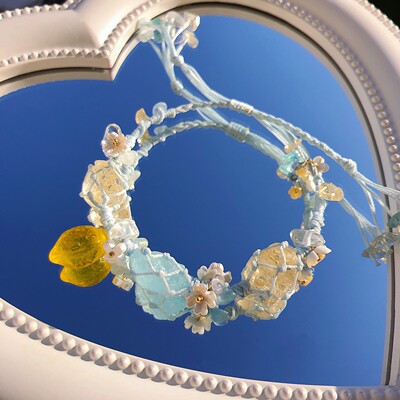 SUIYI 柠檬之夏 Macrame手工编织手链女海蓝宝黄水晶原石网兜配饰