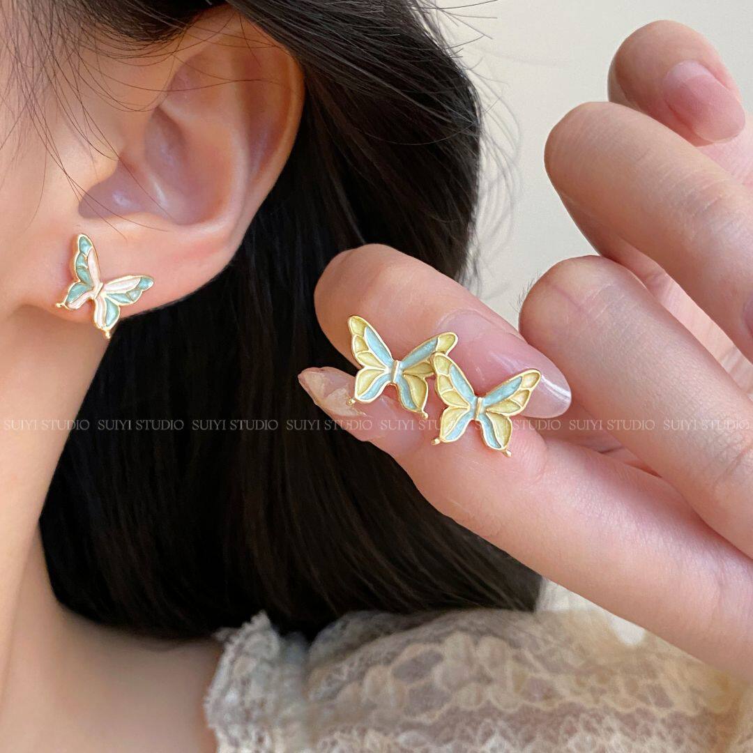 SUIYI 滴釉蝴蝶耳钉女森系小清新无耳洞蚊香盘耳夹夏季甜美风耳环