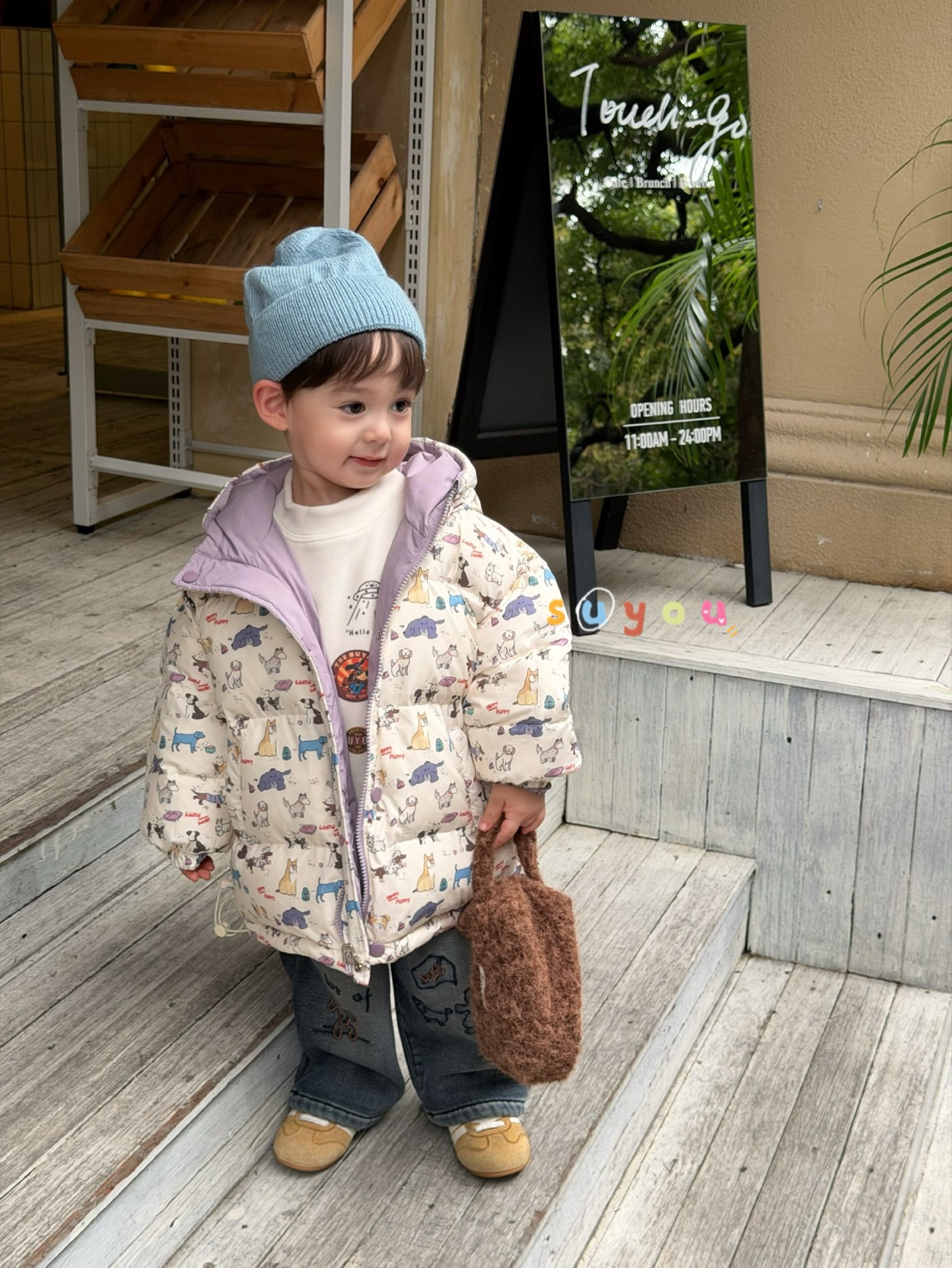 Su苏家25新款羽绒服外套男女童韩版新国标90绒耐脏可双面穿满印狗