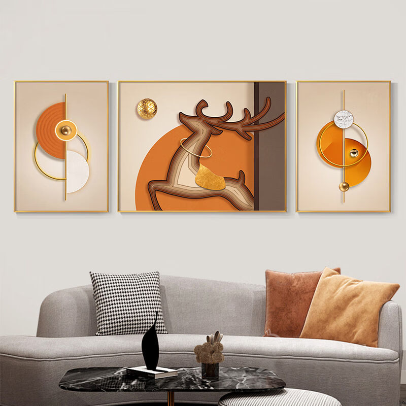 几何抽象客厅沙发背景墙装饰画麋鹿卧室挂画北欧创意三联壁画款|图片