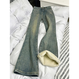 加绒加厚复古蓝微喇牛仔裤女冬季新款胖妹妹mm高腰弹力显瘦直筒裤
