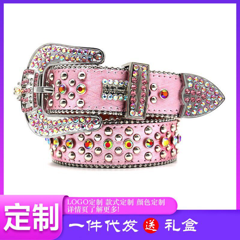 2026名媛御姐皇冠图案水钻镶嵌粉红色腰带女歌手钻饰时尚百搭皮带
