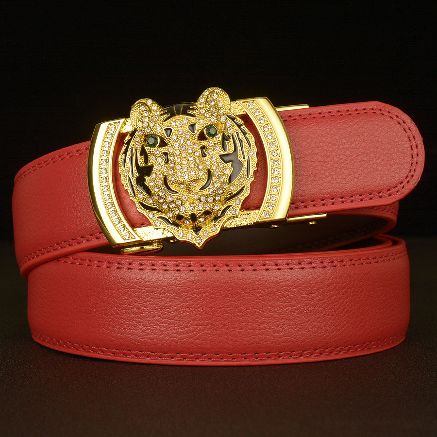 2025新款喜庆红色腰带老虎生肖G龙H龙自动扣男士牛皮皮带个性裤带