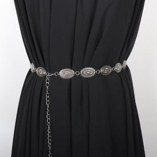 2025女款复古名族风轧花纹仿古银链条百搭金属腰链连衣裙裤子腰带