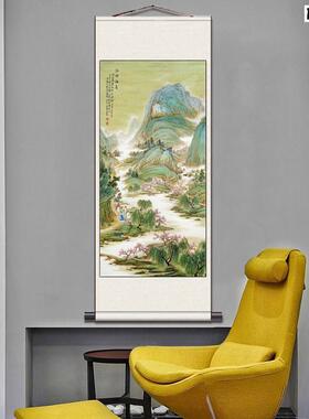 江畔游春图张大千山水画丝绸画挂画客厅装K饰画招财玄关画青绿山