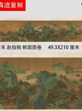 南宋赵伯驹桃园图F卷宋画青绿山水重彩国画长卷高清绢布微喷复制