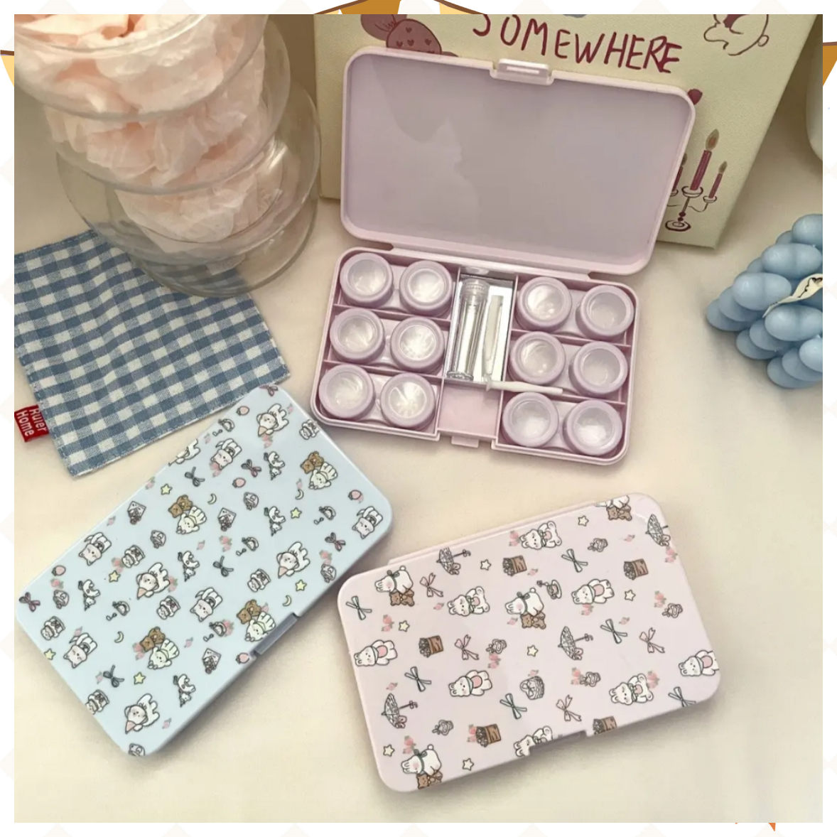 带镜子清新碎花动物美瞳收纳盒