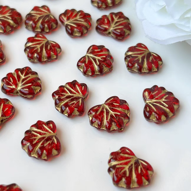 进口捷克琉璃珠13x11mm复古红描金枫叶树叶珠串珠手作材料配件