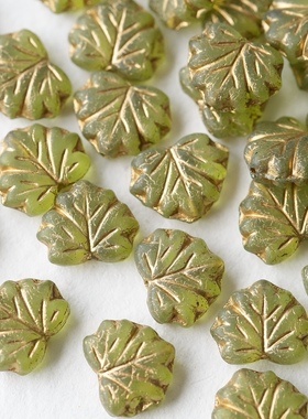 进口捷克珠13*11mm描金绿色复古百搭枫叶手作串珠材料