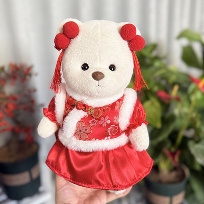 丽娜熊30cm旗袍唐装红色过年娃衣