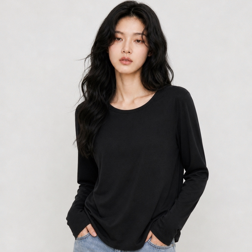 圆领纯色长袖T恤女基础款修身打底衫简约百搭内搭上衣SQ26002