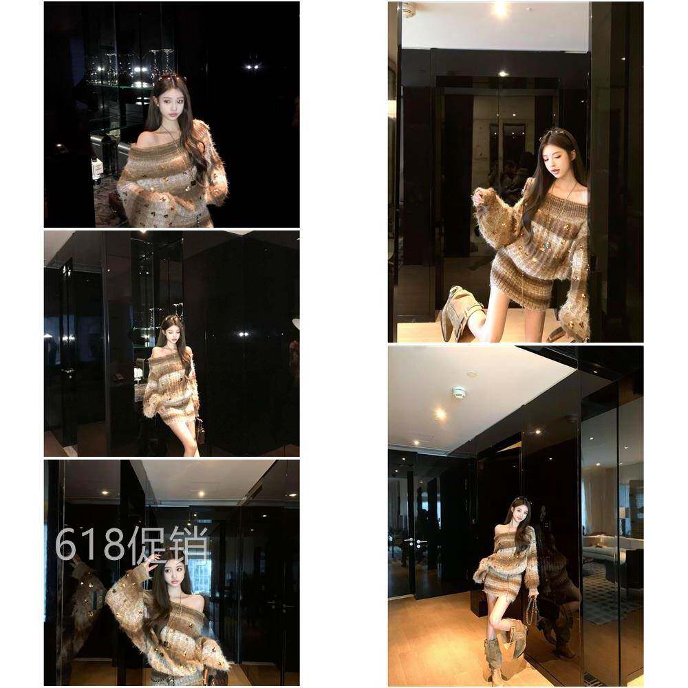 小众炸街高级感亮片斜肩针织连衣裙女2025秋冬新款撞色包臀短裙子