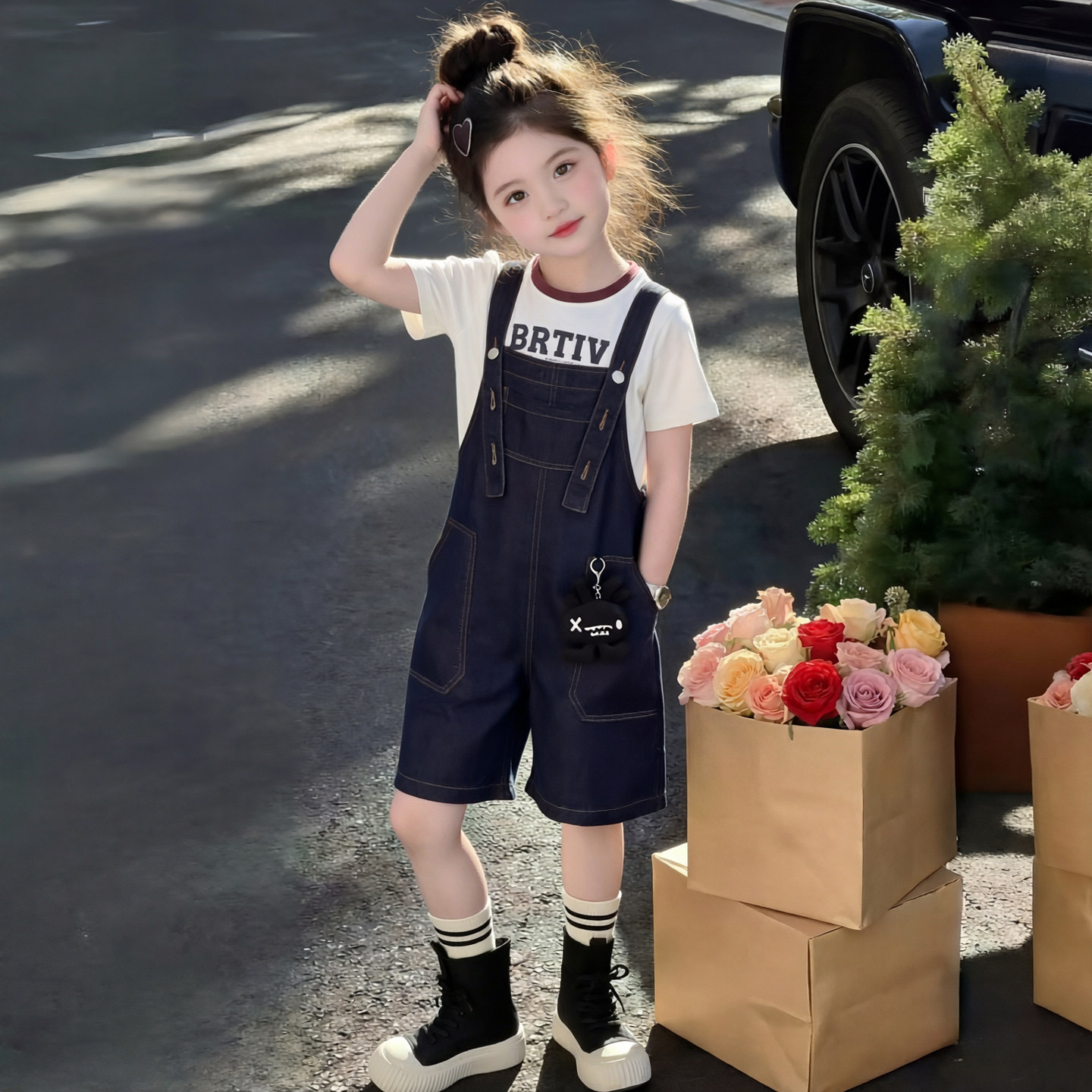 女童牛仔背带裤薄款2026新款大儿童短裤时髦夏季小孩休闲裤子洋气图片