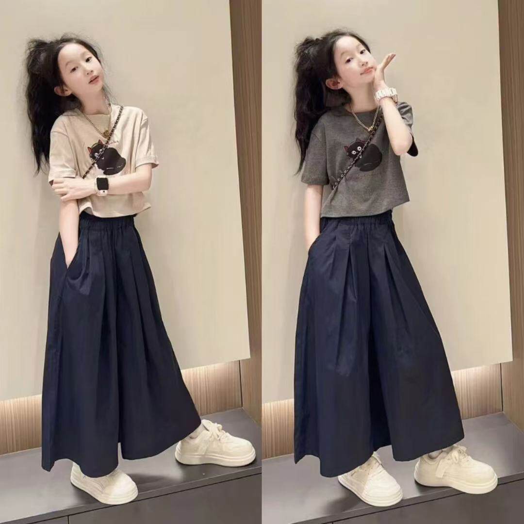 女童薄款裤子夏季新款时髦宽松阔腿裤女孩休闲百搭九分裤洋气裙裤