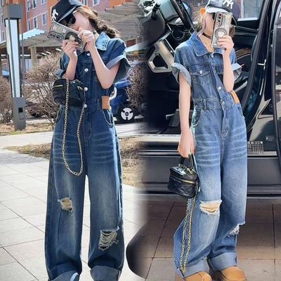 女童2025夏季新款高级感牛仔连体裤美式复古破洞显瘦阔腿拖地裤潮