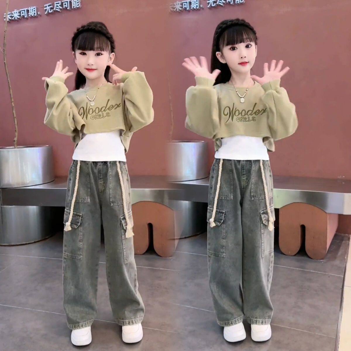 女童春装洋气牛仔工装裤