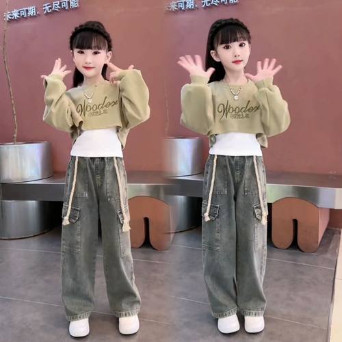 女童春装洋气牛仔工装裤