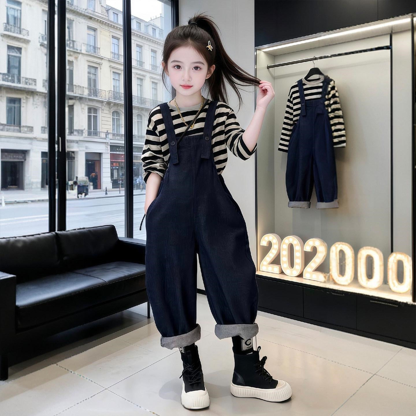 女童背带裤2026新款中大童春秋儿童秋款裤子女孩女装牛仔裤洋气潮图片