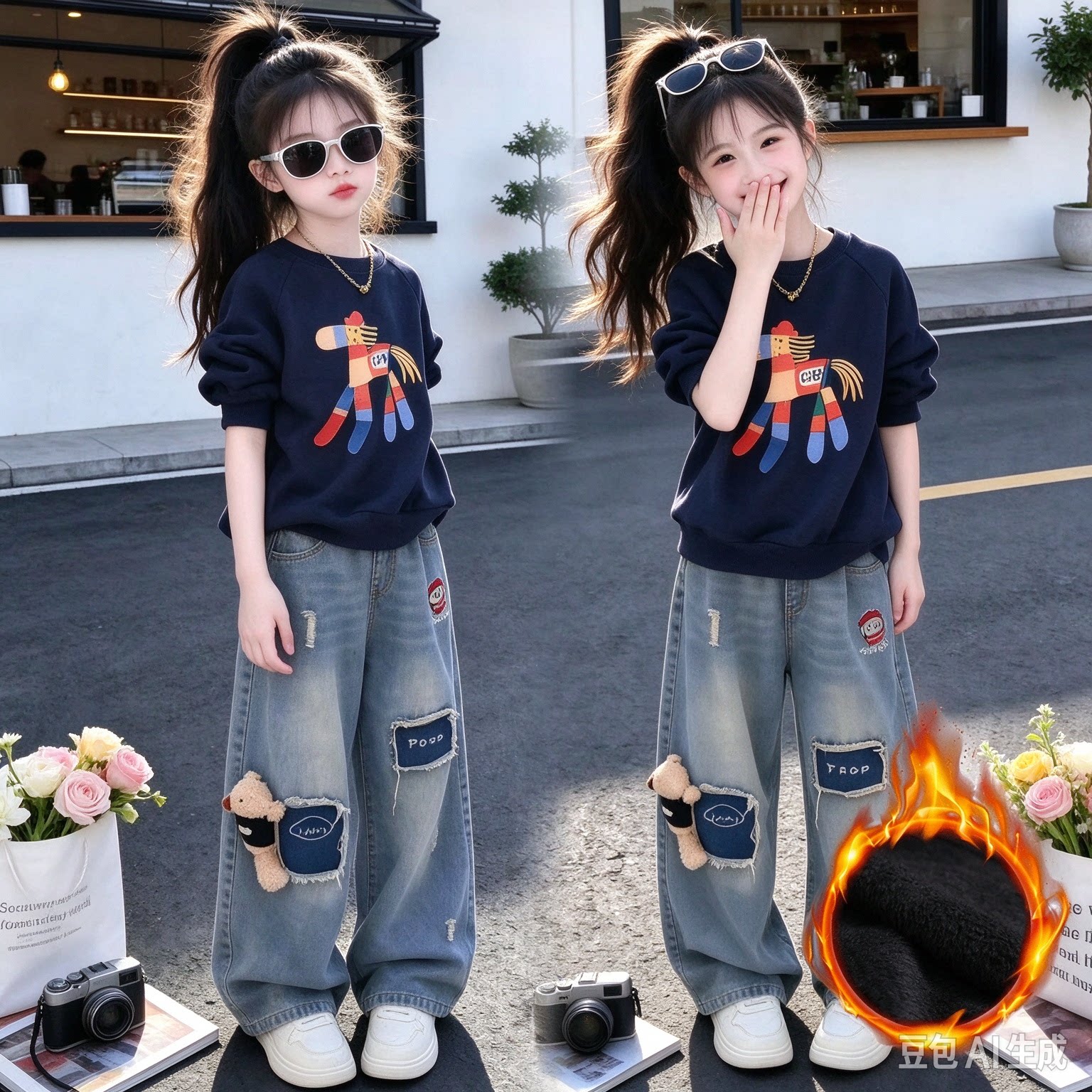 女童秋冬套装2026新款加绒加厚卫衣牛仔阔腿裤两件套洋气休闲套装