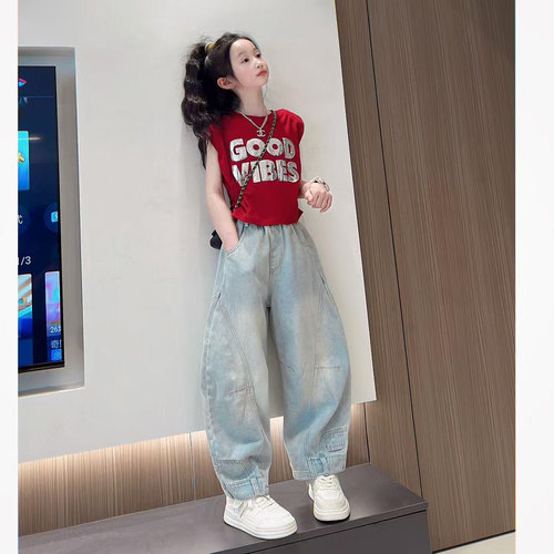 女童牛仔裤夏装2026新款薄款儿童宽松弯刀裤初中生阔腿夏季薄款潮