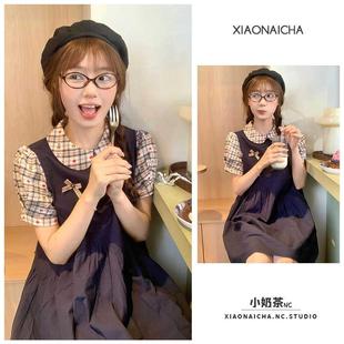 學院風設計感小個子拼接短裙子 日系復古娃娃領假兩件連衣裙女夏季