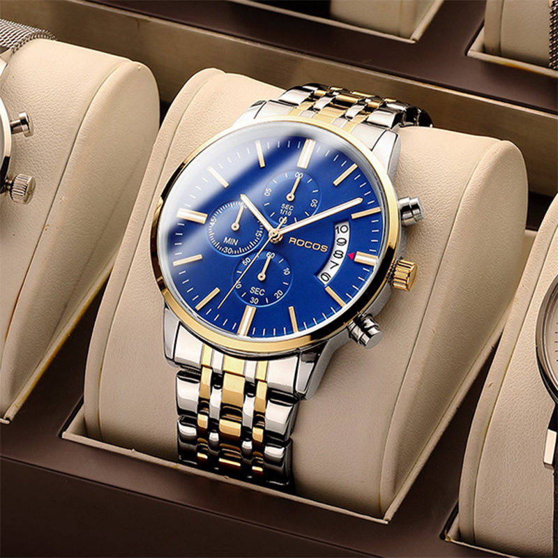 雷克斯rocos正品2020新款多功能时尚潮流手表男士石英表钢带防水