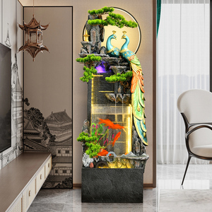 孔雀流水摆件客厅鱼缸中式鱼塘美景招财开业送礼落地摆件创意家居