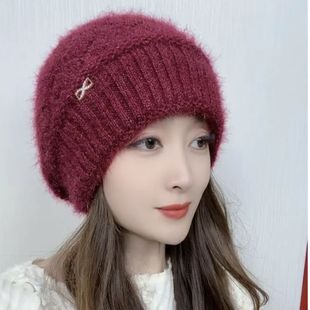 冬季松鼠新款双层加厚防寒针织百搭堆堆蓓蕾女帽女士帽子时尚保暖