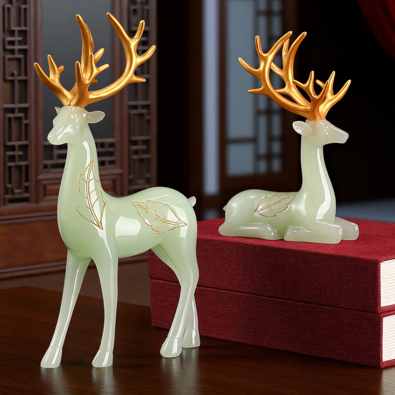 玉石小鹿摆件一对客厅招财入户玄关酒柜电视柜装饰品乔迁新居礼物