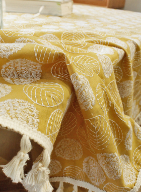 刺绣小清新桌布日式茶几布ins风苎麻树叶长方形台布书桌盖巾布艺