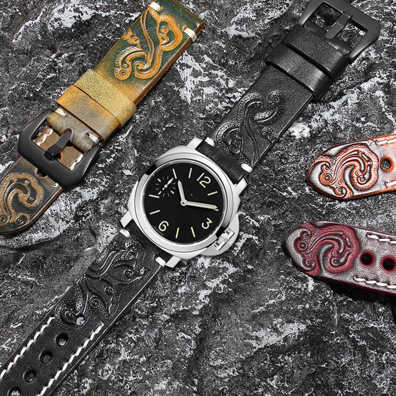 原装适用YOPO沛纳海手表带男Panerai潜行黑武士复古雕花真皮表带2