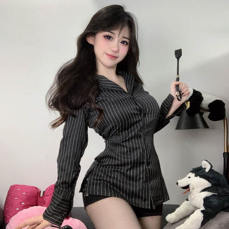 OL性感夜店风撞色条纹单排扣翻领衬衣收腰长袖显瘦衬衫中长款上衣
