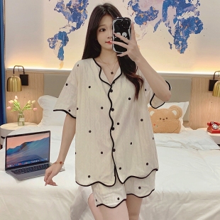 芬腾休夏季女士短袖短裤纽扣开胸翻领带胸垫纯棉家居服睡衣套装
