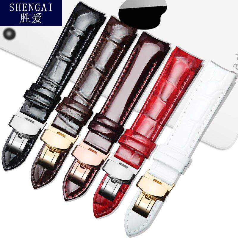 石英女表真皮表带适配天梭T035表带库F图蝴蝶扣配件弧口表炼18mm
