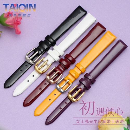 小尺寸通用高光真皮牛皮手表带 时尚女士漆G皮表链 黑红色6 8 10m