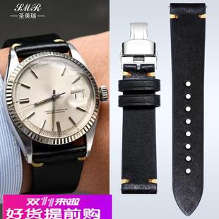 适用原厂劳力士表带真皮男日志迪通拿潜航者黑绿蓝水鬼复古手表带