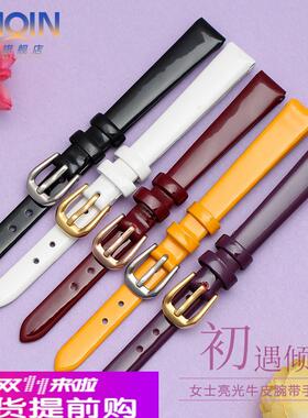 适用原厂小尺寸通用高光真皮牛皮手表带时尚女士漆皮表链黑红色68