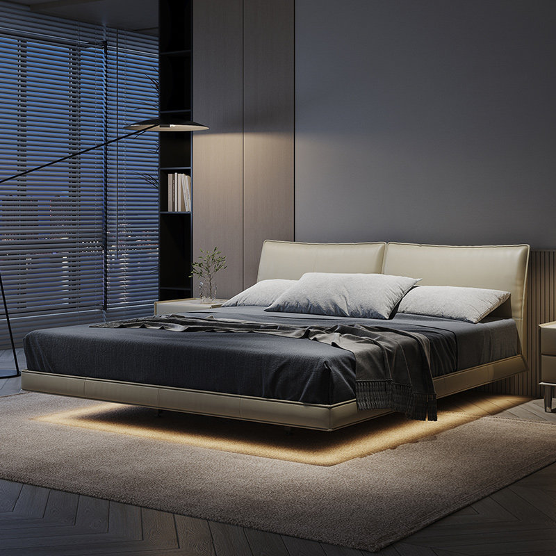 意式极简悬浮床现代简约主卧进口头层牛皮高端真皮双人婚床