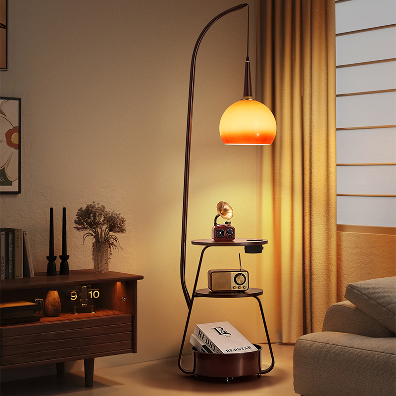 中古风钓鱼落地灯客厅沙发旁高级感卧室床头柜置物一体无线 线充