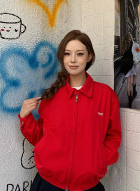 KTDA新品美式复古百搭夹克外套女春秋2025早秋季休闲宽松红色上衣