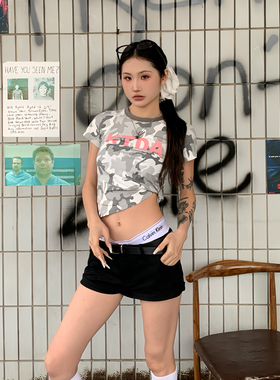 KTDA夏季迷彩满印基础logo印花美式正肩休闲短袖圆领辣妹上衣T恤
