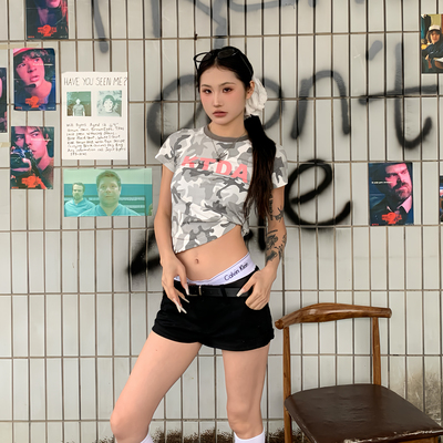 KTDA夏季迷彩满印基础logo印花美式正肩休闲短袖圆领辣妹上衣T恤
