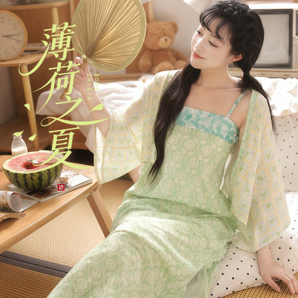 听月小筑【薄荷之夏】原创女夏睡衣吊带裙国风汉元素天丝家居服